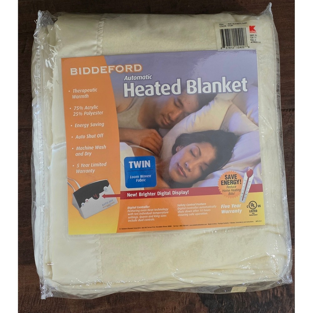 VTG Biddeford Automatic Heated Blanket Twin Ivory Electric Loom Woven Digital